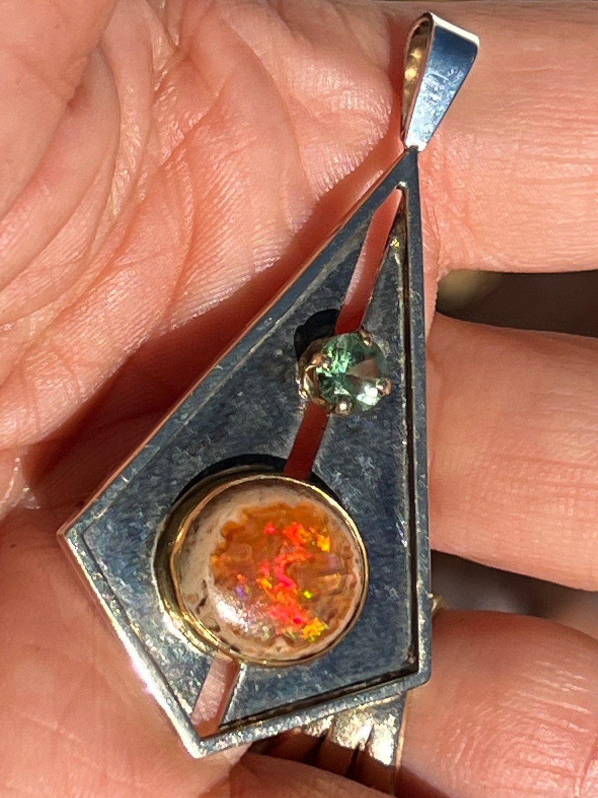 14k Gold + Silver Mexican Fire Opal + Tourmaline Pendant. 2" + 12g *Video*