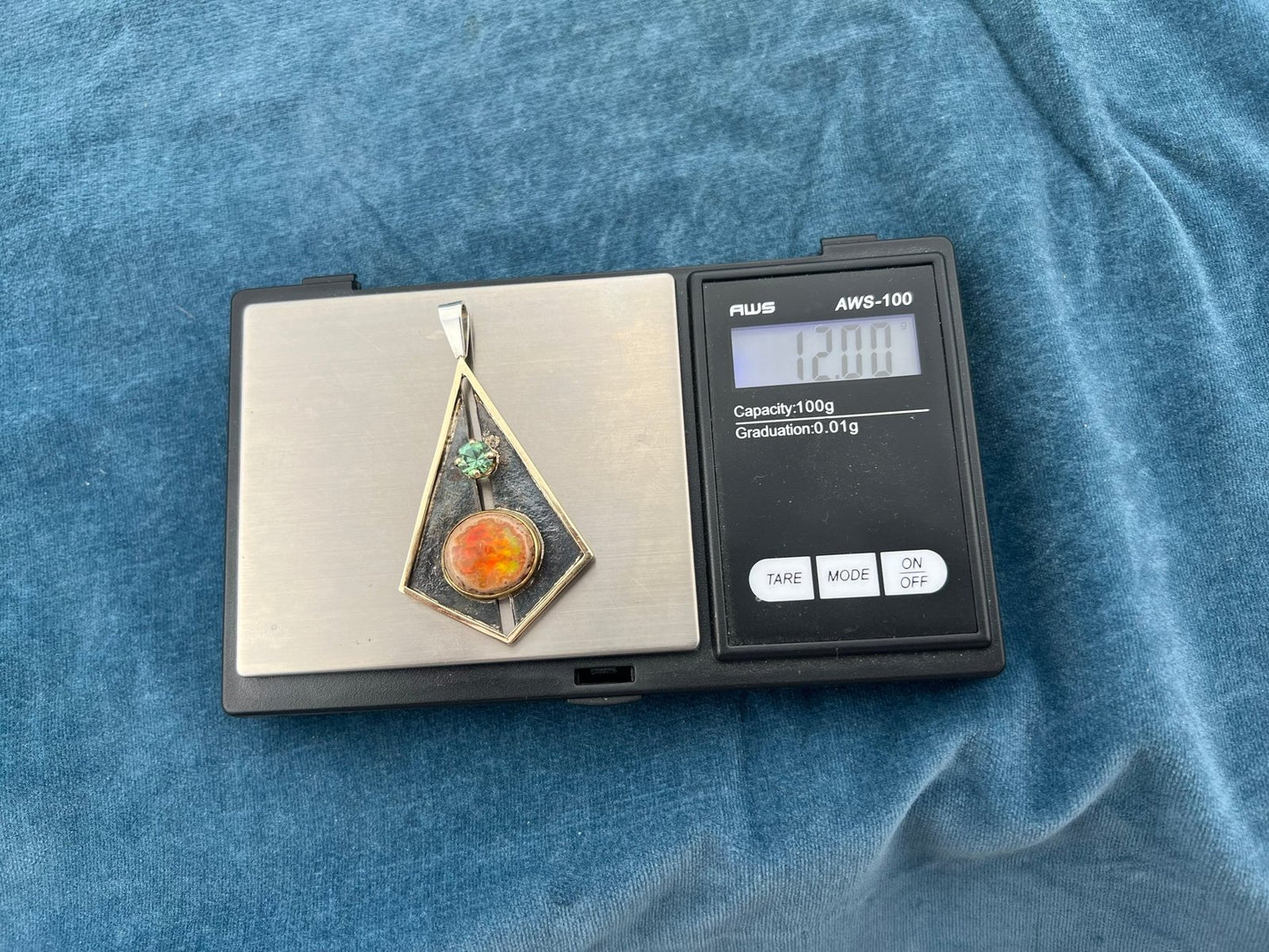 14k Gold + Silver Mexican Fire Opal + Tourmaline Pendant. 2" + 12g *Video*