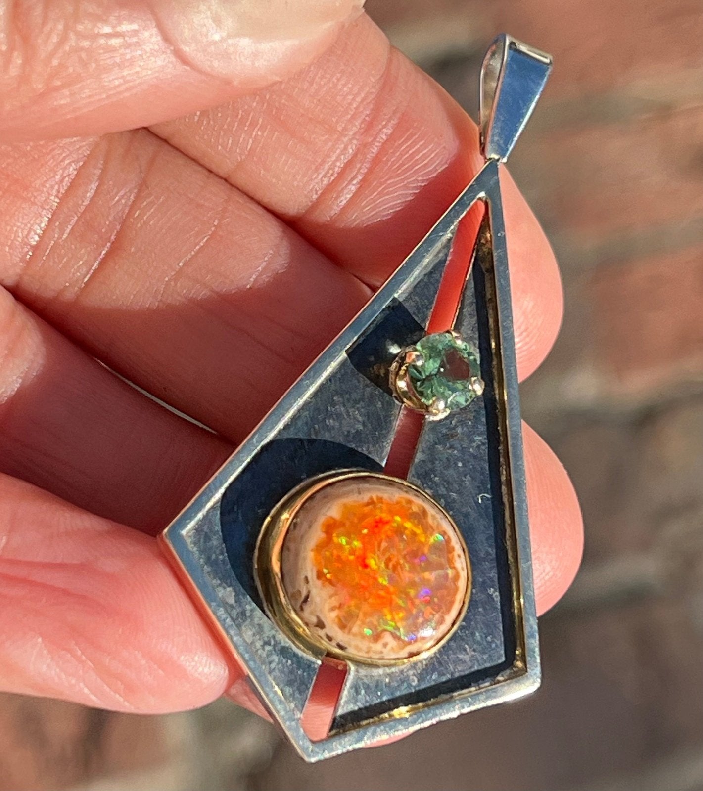 14k Gold + Silver Mexican Fire Opal + Tourmaline Pendant. 2" + 12g *Video*