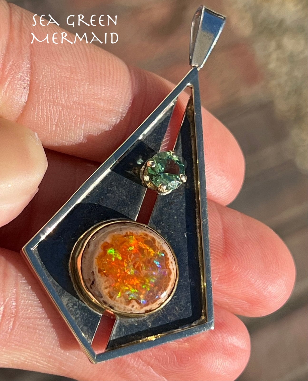 14k Gold + Silver Mexican Fire Opal + Tourmaline Pendant. 2" 12g *Video*