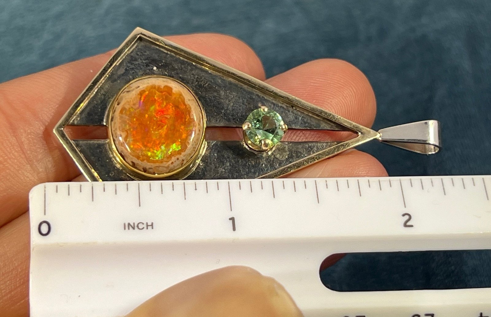 14k Gold + Silver Mexican Fire Opal + Tourmaline Pendant. 2" + 12g *Video*