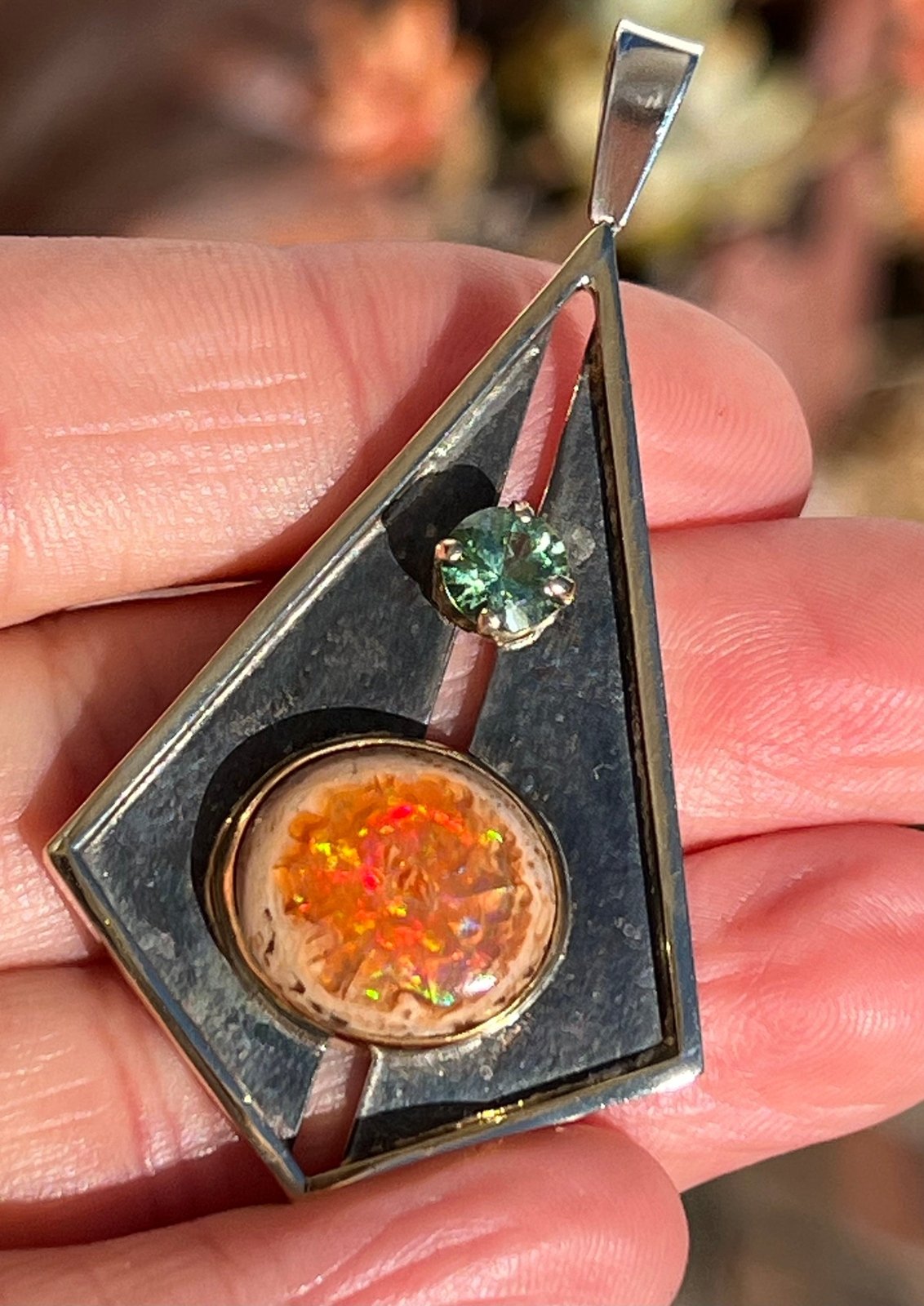 14k Gold + Silver Mexican Fire Opal + Tourmaline Pendant. 2" + 12g *Video*