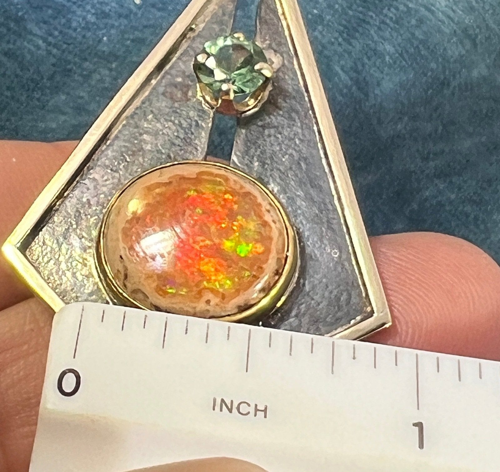 14k Gold + Silver Mexican Fire Opal + Tourmaline Pendant. 2" + 12g *Video*