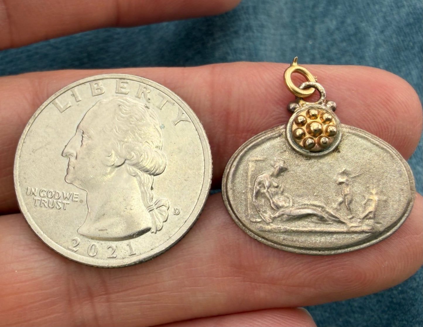 14k Gold + Silver Mother + Babies Intaglio Pendant. "I nurtured, I loved unconditionally"