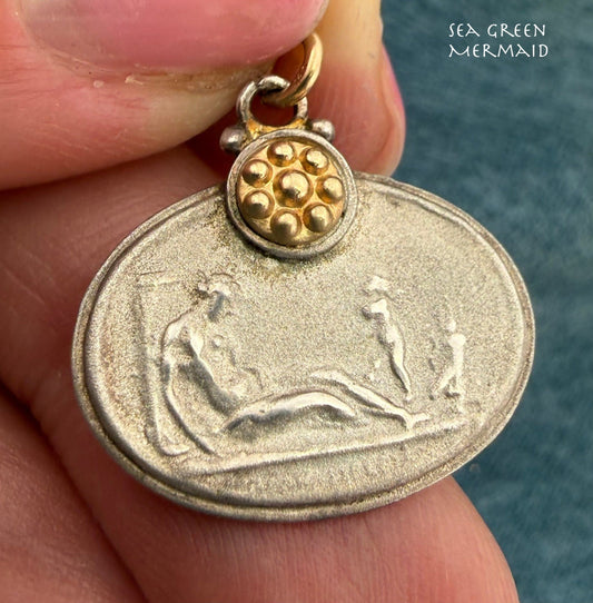 14k Gold + Silver Mother + Babies Intaglio Pendant. "Unconditional love"