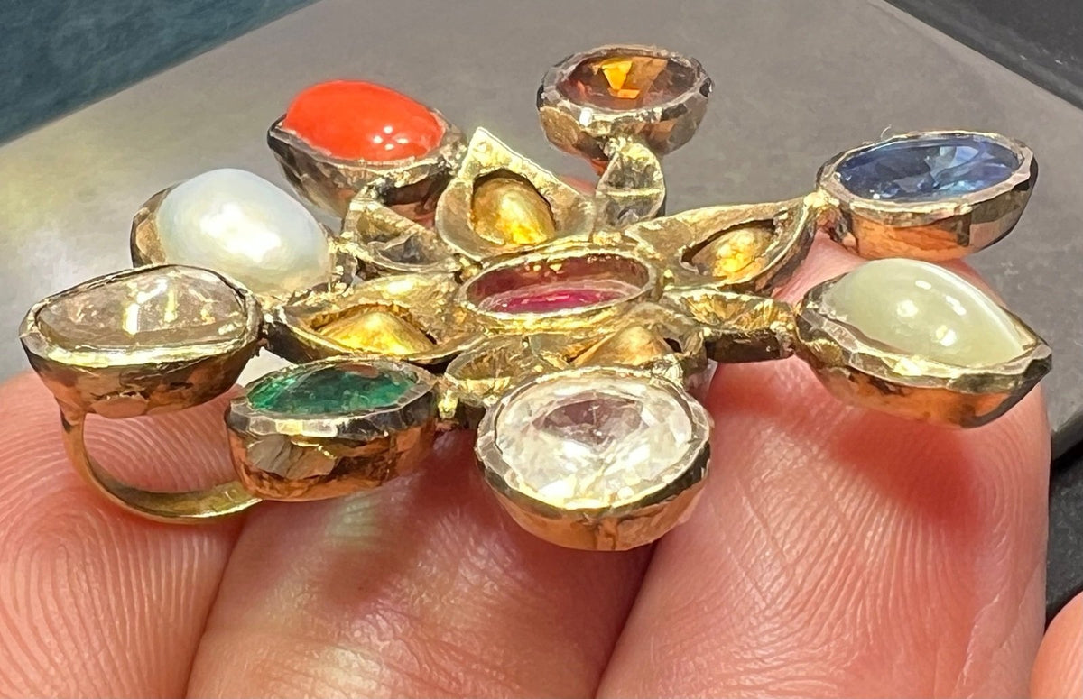 14k Gold + Silver Navratna Pendant. Blue Sapphire, Diamonds, Ruby *Video*