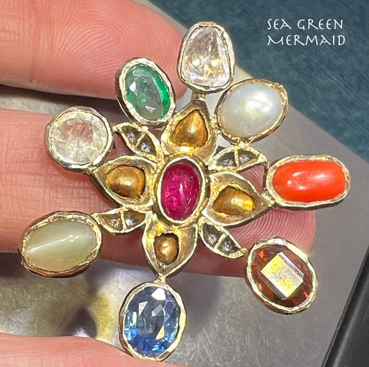 14k Gold + Silver Navratna Pendant. Blue Sapphire, Diamonds, Ruby *Video*