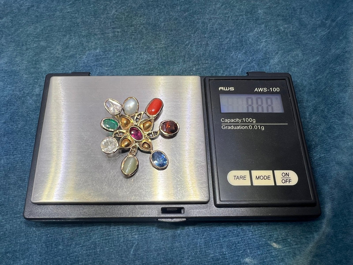 14k Gold + Silver Navratna Pendant. Blue Sapphire, Diamonds, Ruby *Video*