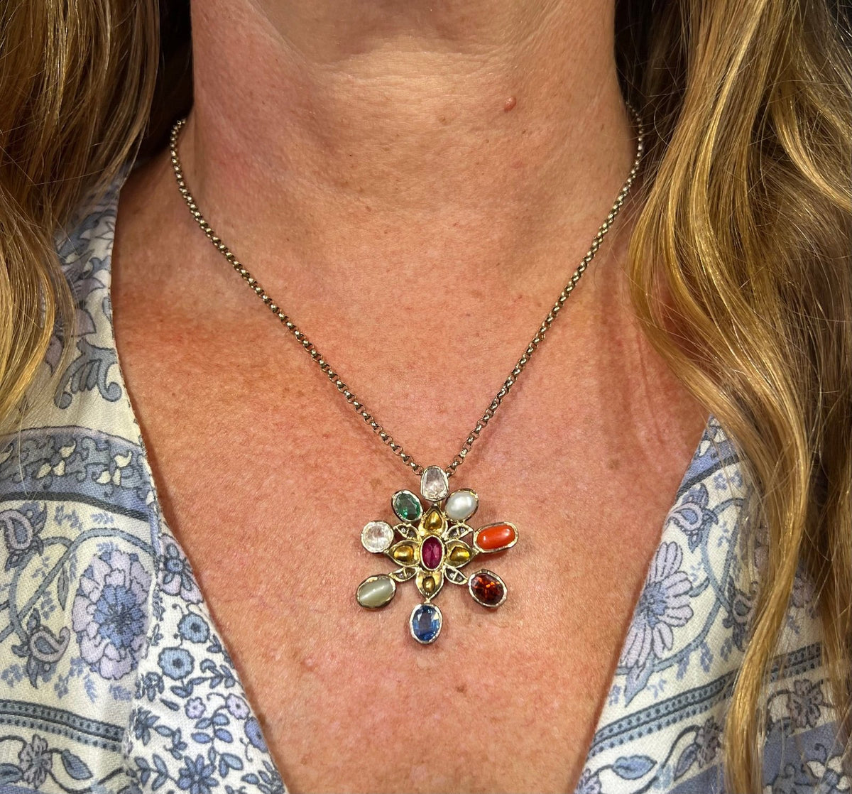 14k Gold + Silver Navratna Pendant. Blue Sapphire, Diamonds, Ruby *Video*