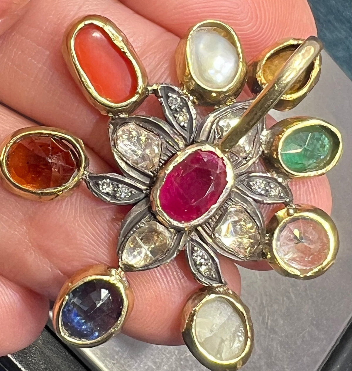 14k Gold + Silver Navratna Pendant. Blue Sapphire, Diamonds, Ruby *Video*