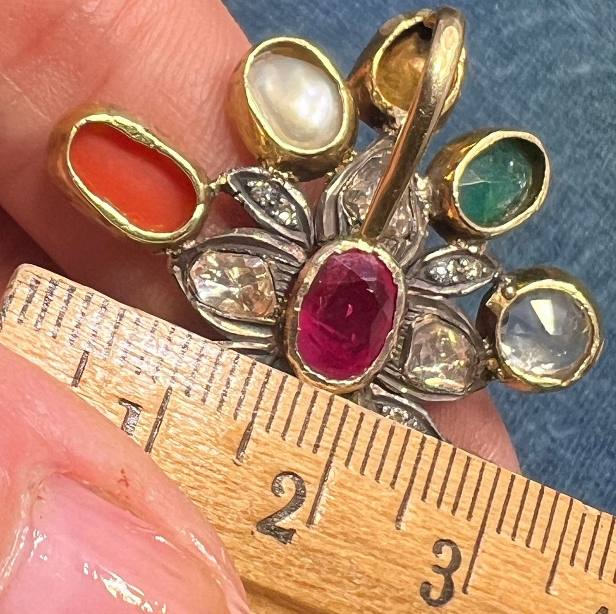 14k Gold + Silver Navratna Pendant. Blue Sapphire, Diamonds, Ruby *Video*