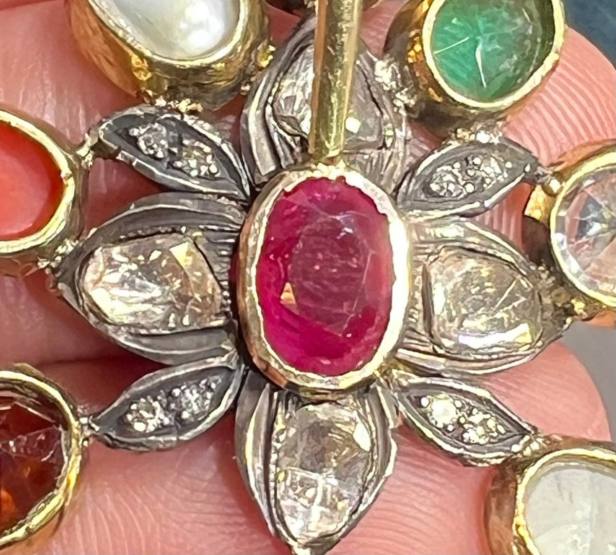 14k Gold + Silver Navratna Pendant. Blue Sapphire, Diamonds, Ruby *Video*
