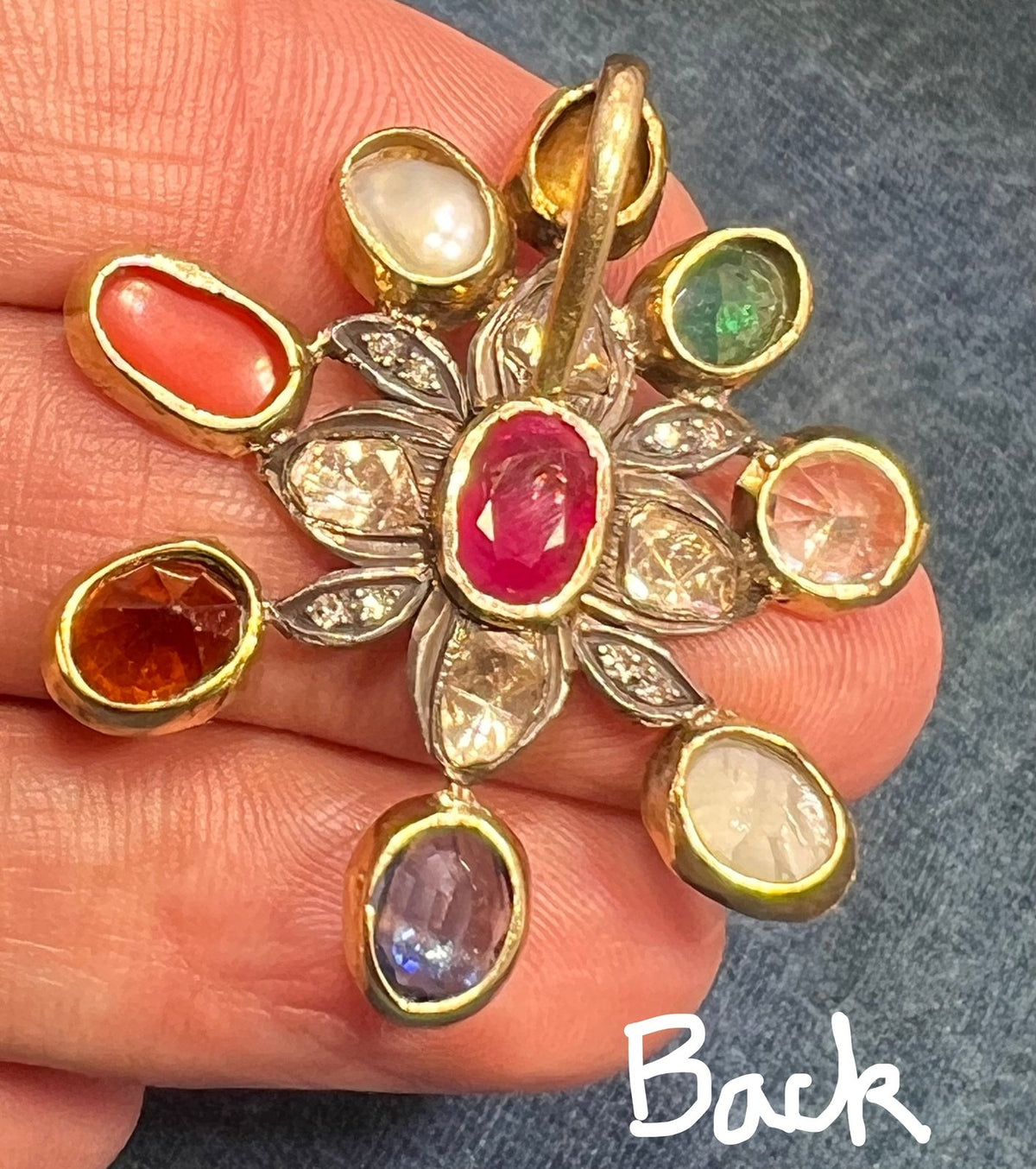 14k Gold + Silver Navratna Pendant. Blue Sapphire, Diamonds, Ruby *Video*