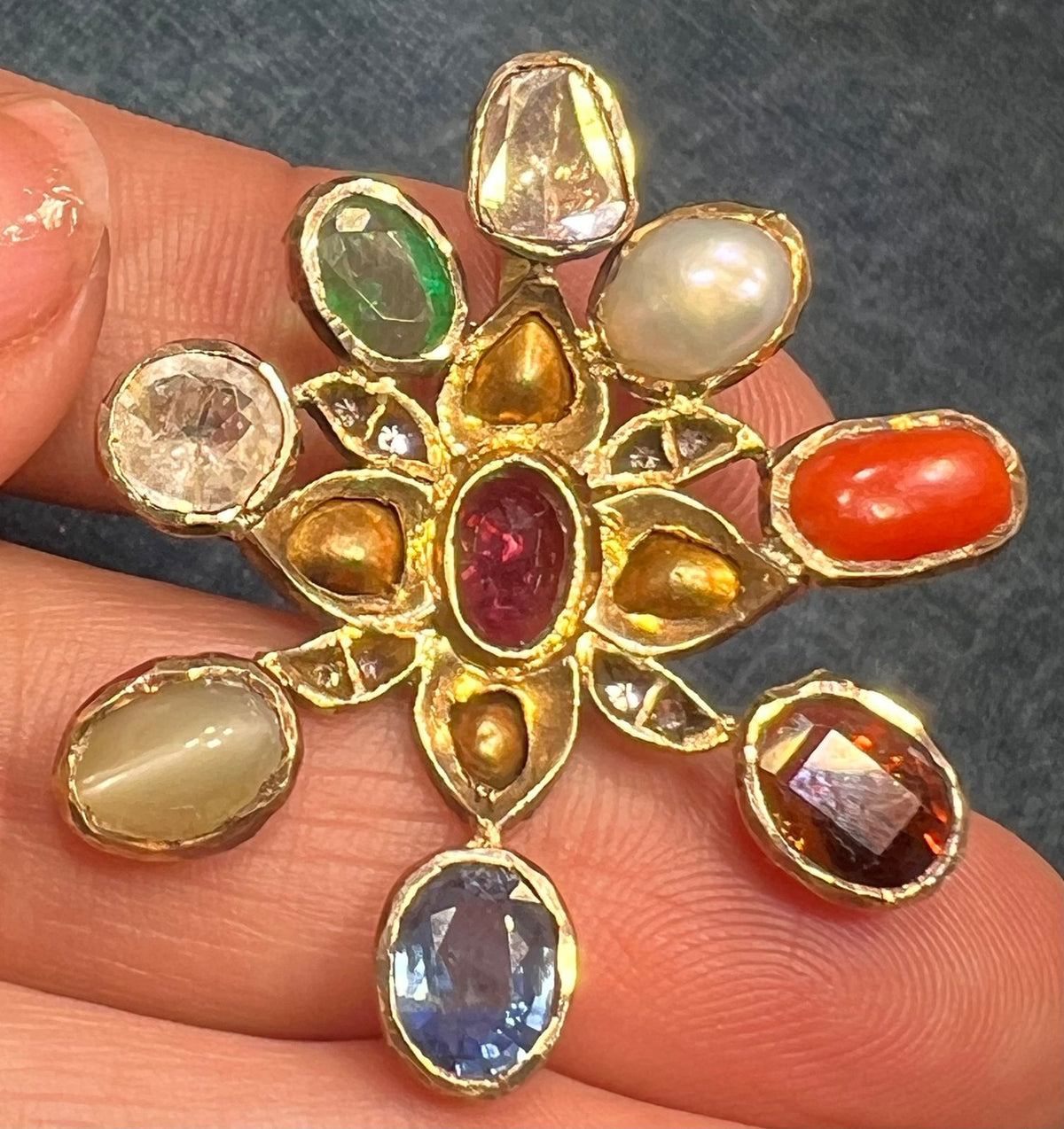 14k Gold + Silver Navratna Pendant. Blue Sapphire, Diamonds, Ruby *Video*