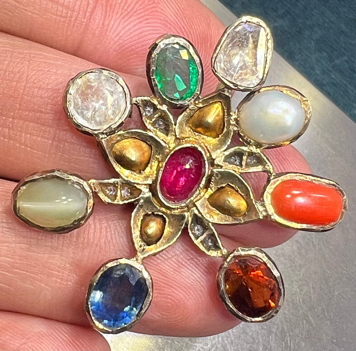 14k Gold + Silver Navratna Pendant. Blue Sapphire, Diamonds, Ruby *Video*