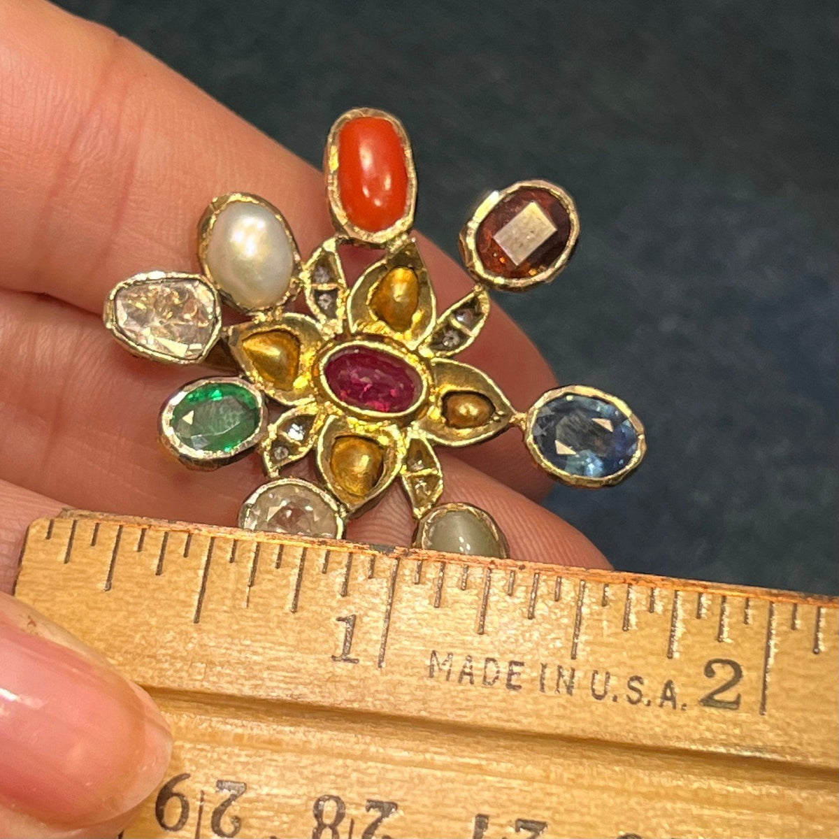 14k Gold + Silver Navratna Pendant. Blue Sapphire, Diamonds, Ruby *Video*