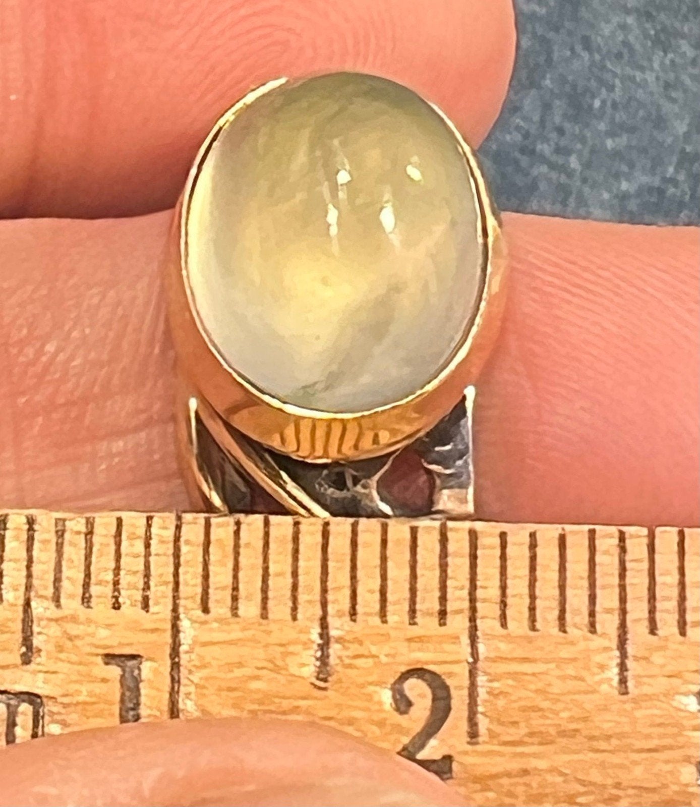 14k Gold & Silver Pale Green Prehnite Cabochon Ring. Wide Filigree Band