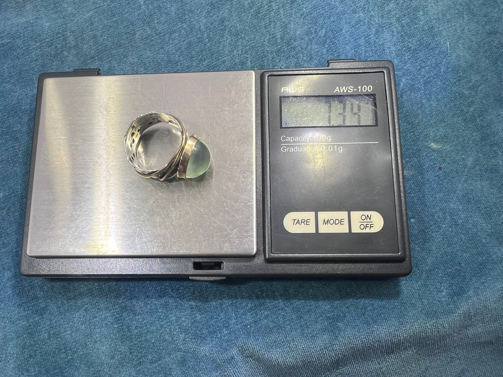 14k Gold & Silver Pale Green Prehnite Cabochon Ring. Wide Filigree Band