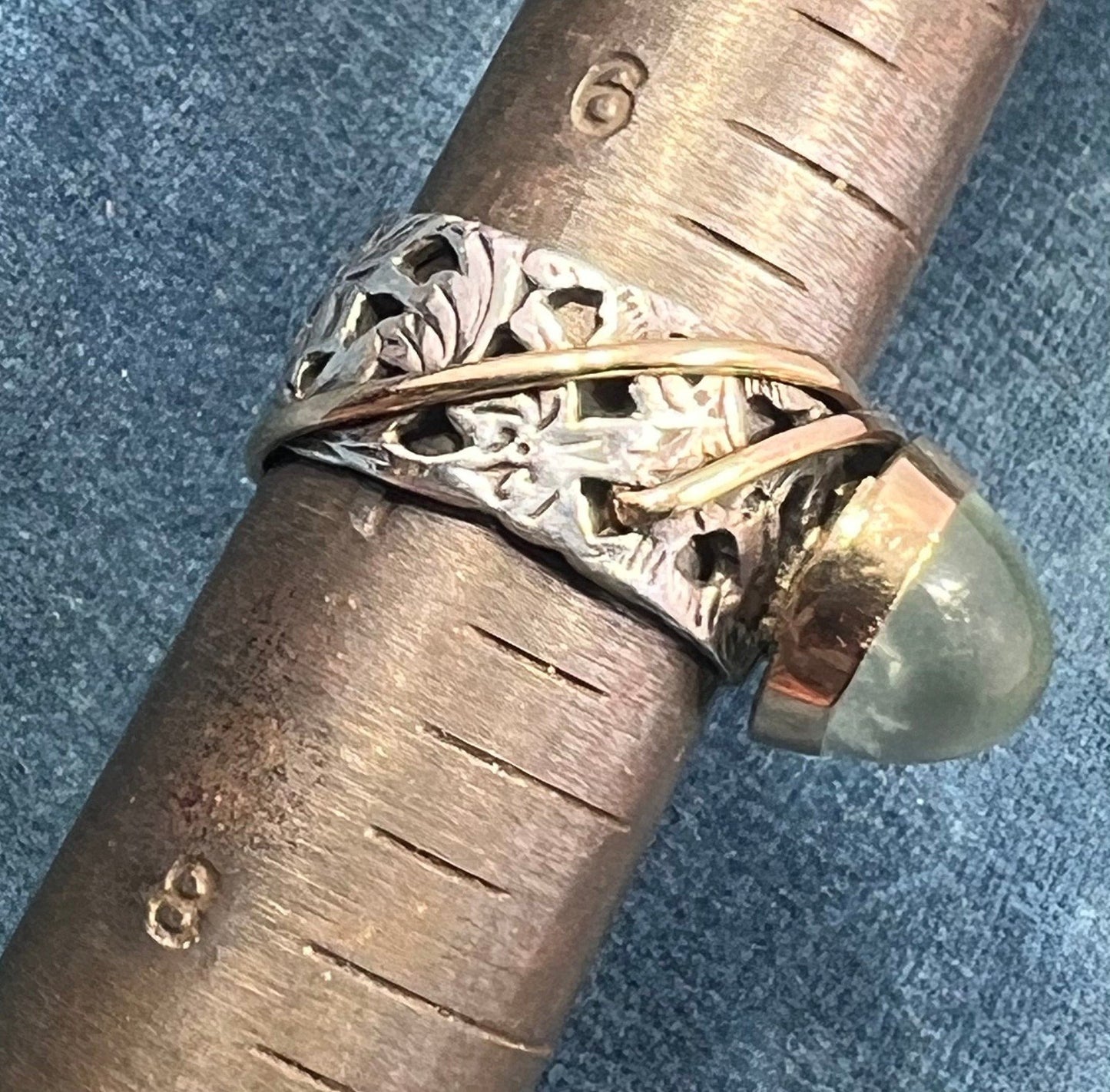 14k Gold & Silver Pale Green Prehnite Cabochon Ring. Wide Filigree Band