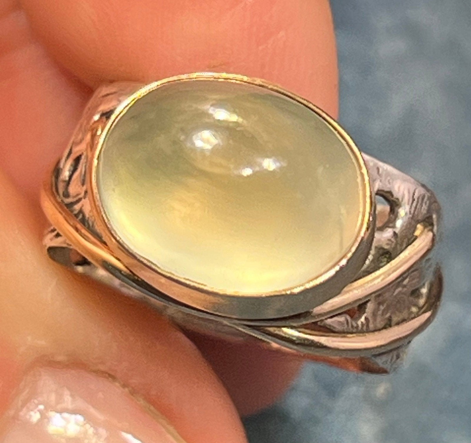 14k Gold & Silver Pale Green Prehnite Cabochon Ring. Wide Filigree Band