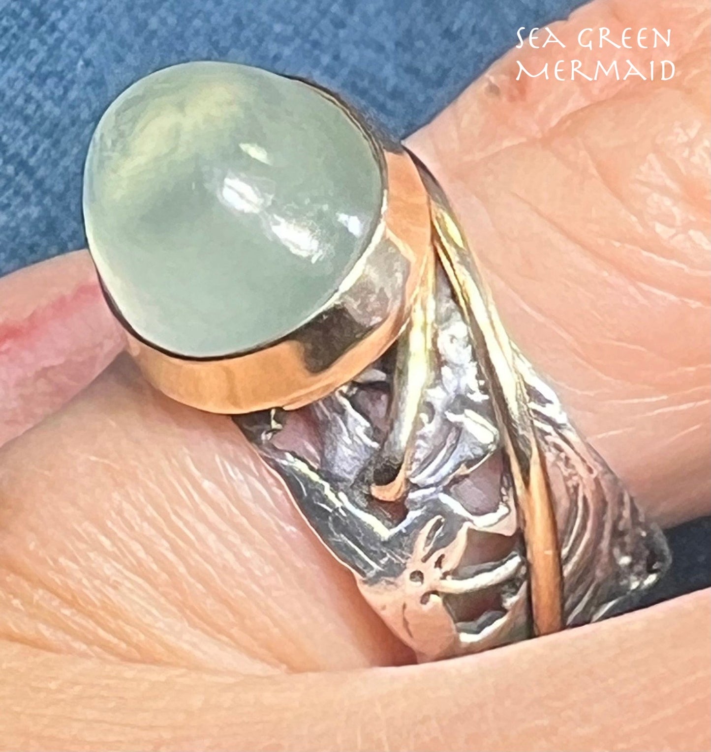 14k Gold & Silver Pale Green Prehnite Cabochon Ring. Wide Filigree Band
