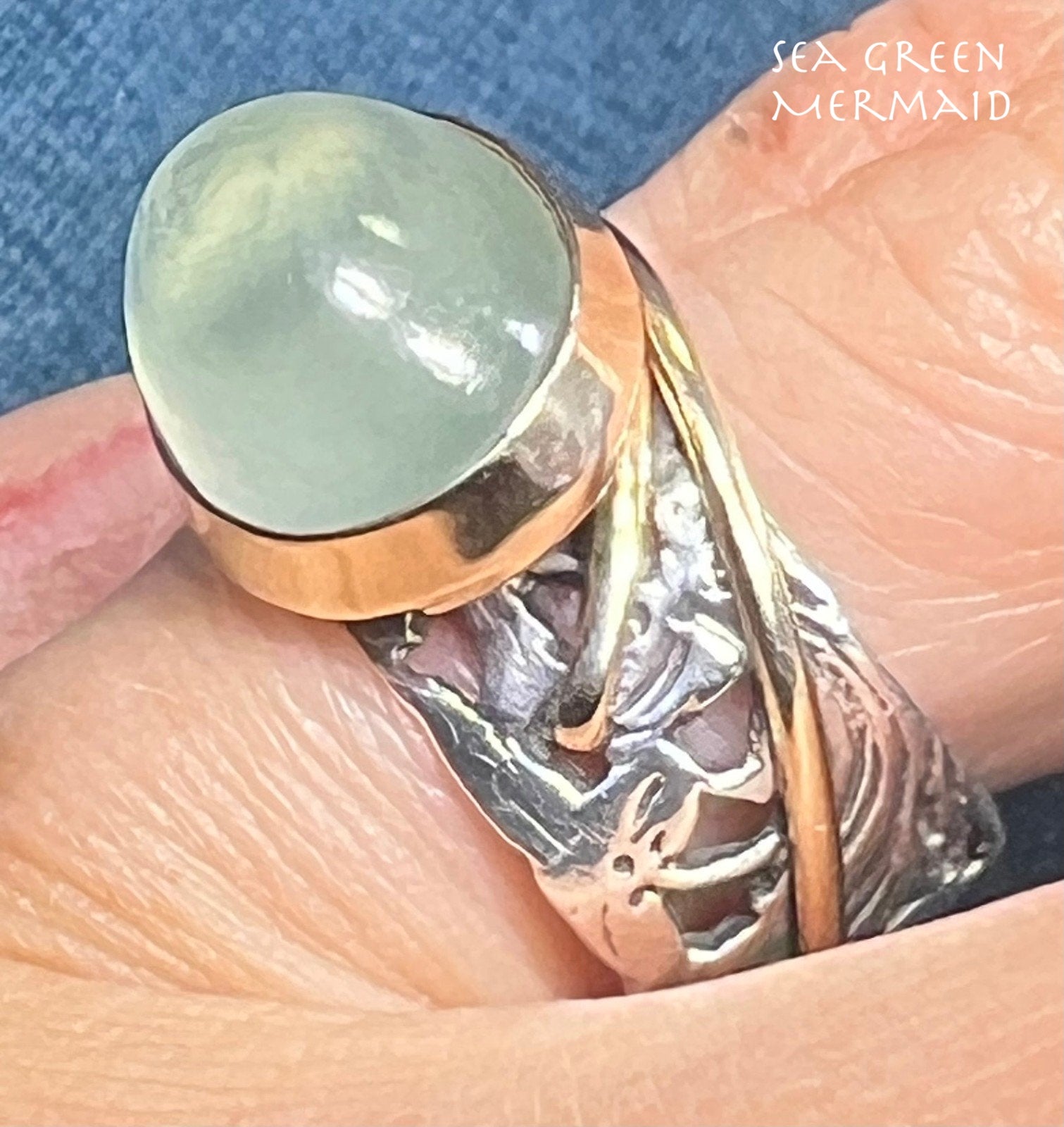 14k Gold & Silver Pale Green Prehnite Cabochon Ring. Wide Filigree Band