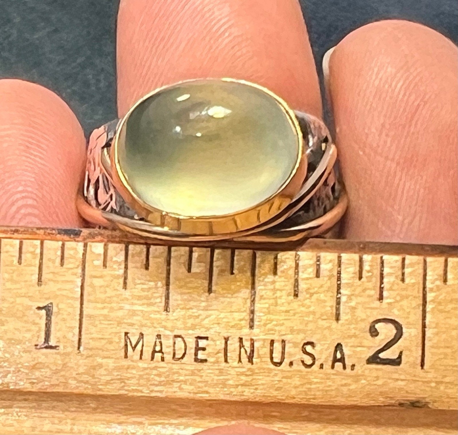 14k Gold & Silver Pale Green Prehnite Cabochon Ring. Wide Filigree Band