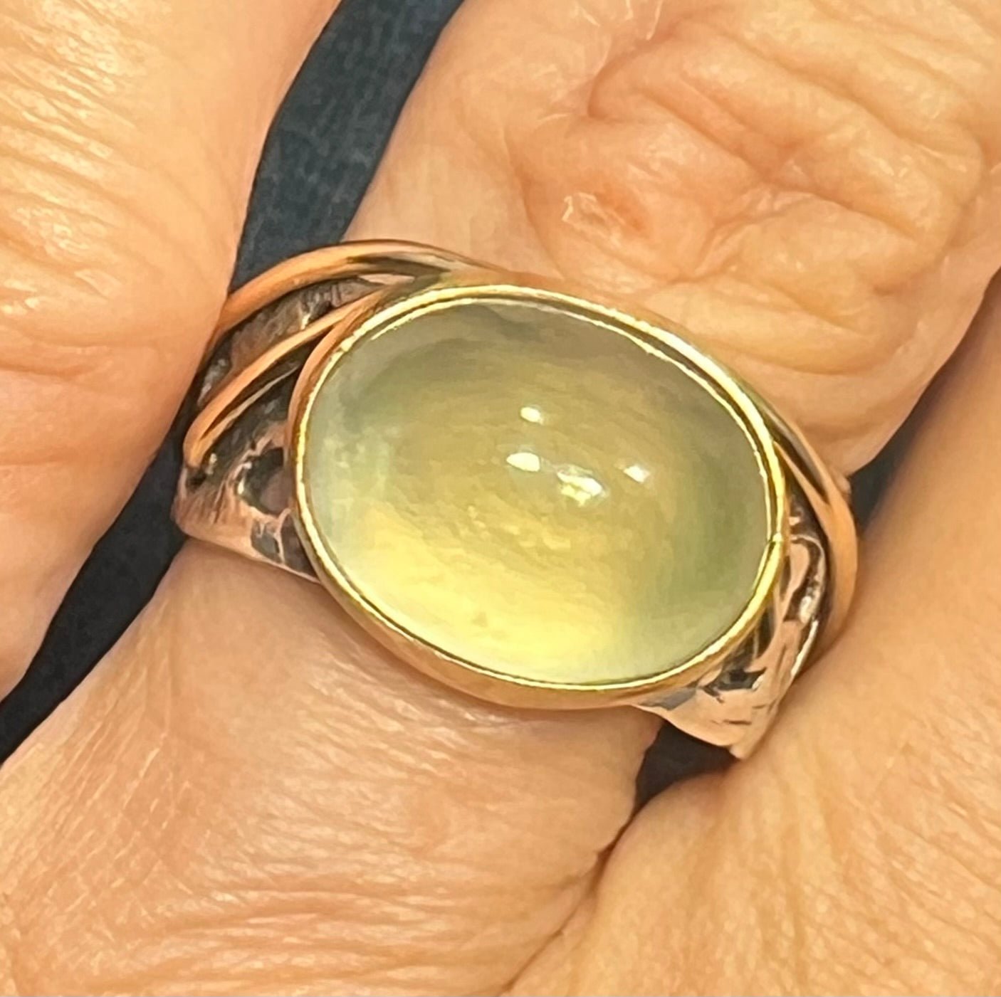 14k Gold & Silver Pale Green Prehnite Cabochon Ring. Wide Filigree Band
