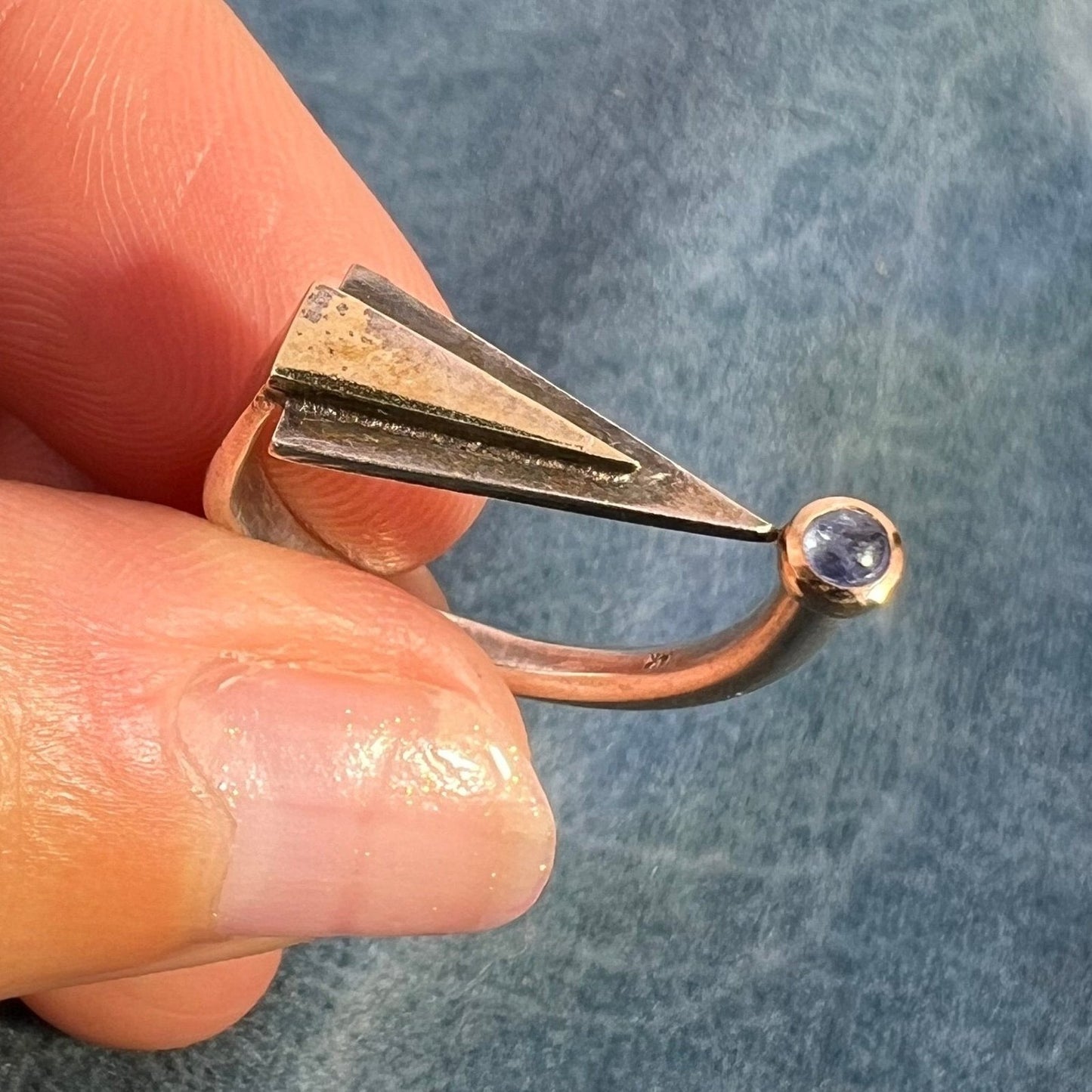 14k Gold & Silver Tiny Blue Sapphire Cabochon Modern Ring