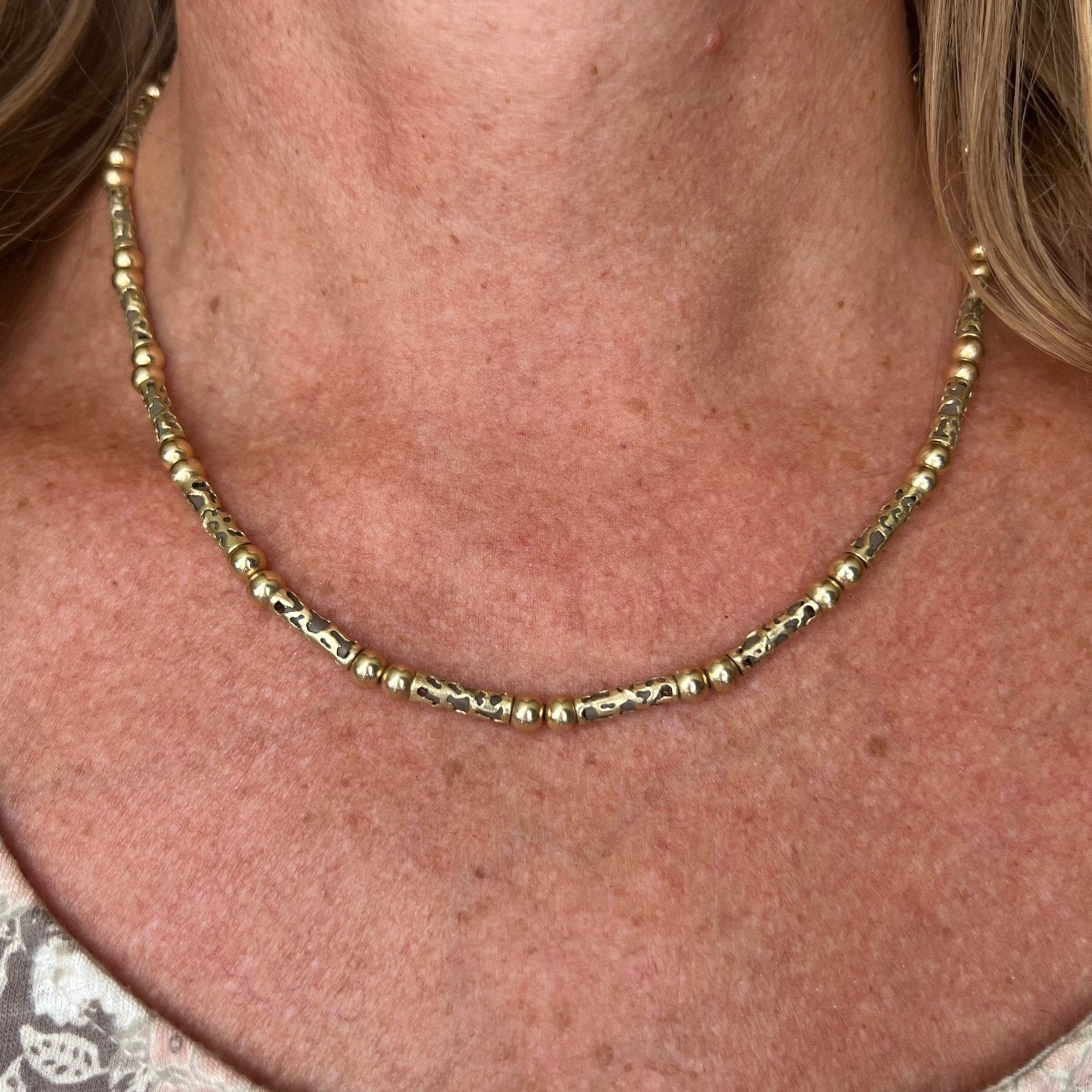 14k Gold + Silver Tribal 2-Tone Lantern Bead Chain Necklace. 17g