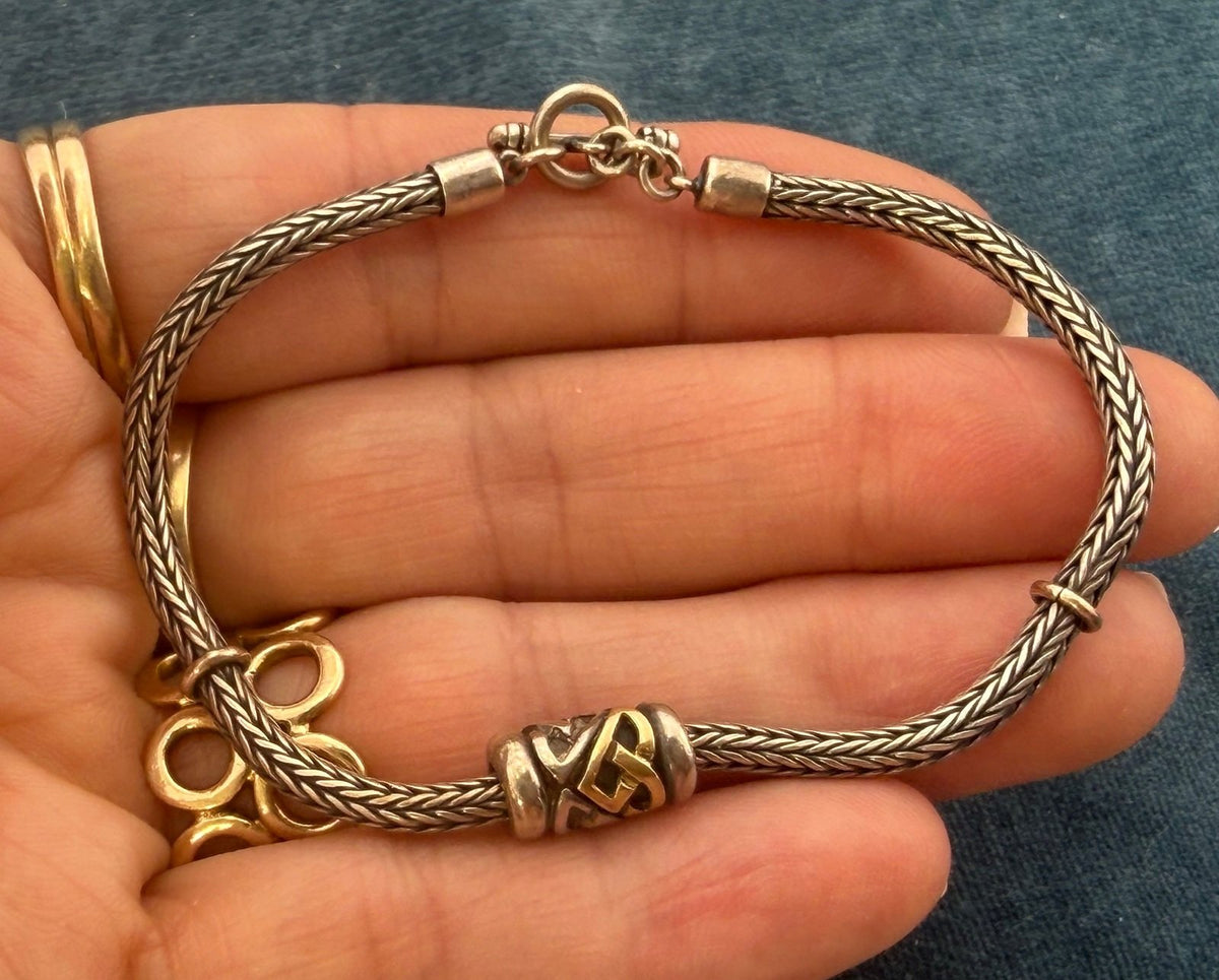 14k Gold + Silver Tribal Barrel Bead Snake Chain Bracelet. 11g