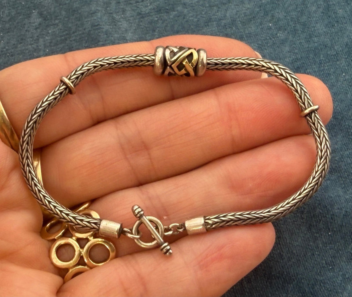 14k Gold + Silver Tribal Barrel Bead Snake Chain Bracelet. 11g