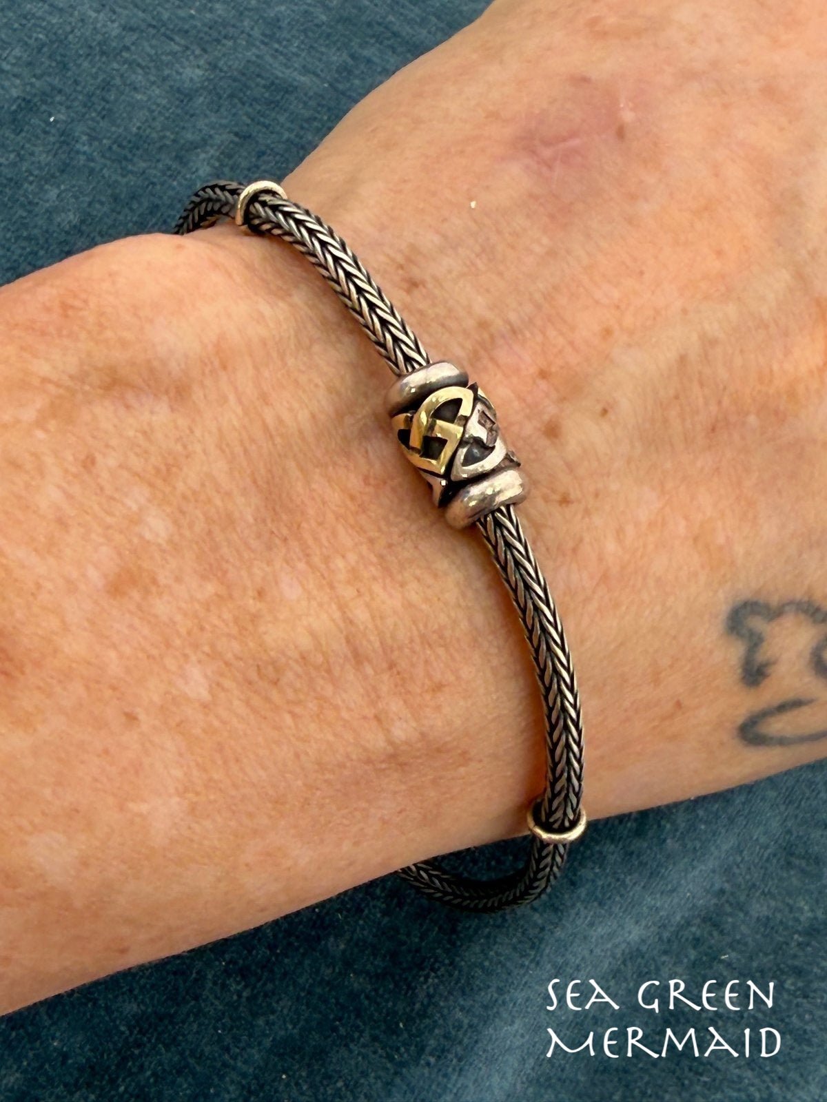 14k Gold + Silver Tribal Barrel Bead Snake Chain Bracelet. 11g