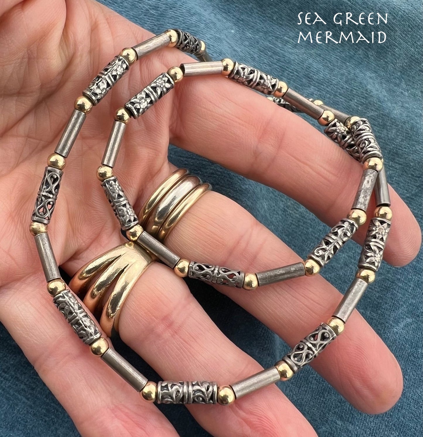 14k Gold + Silver Tribal Lantern Bead Chain Necklace. 29g