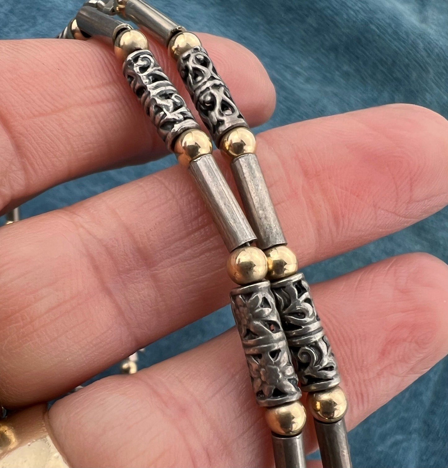 14k Gold + Silver Tribal Lantern Bead Chain Necklace. 29g