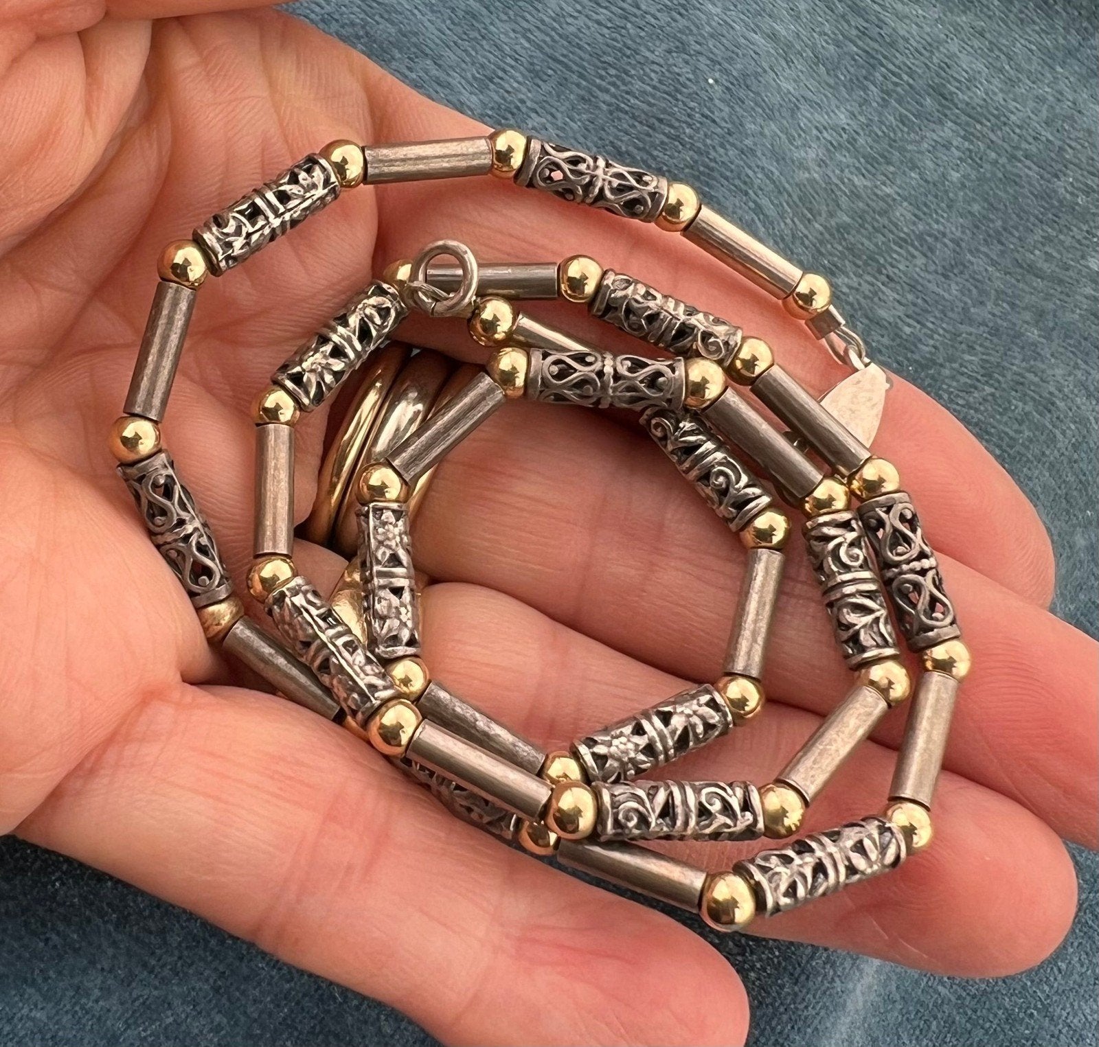 14k Gold + Silver Tribal Lantern Bead Chain Necklace. 29g