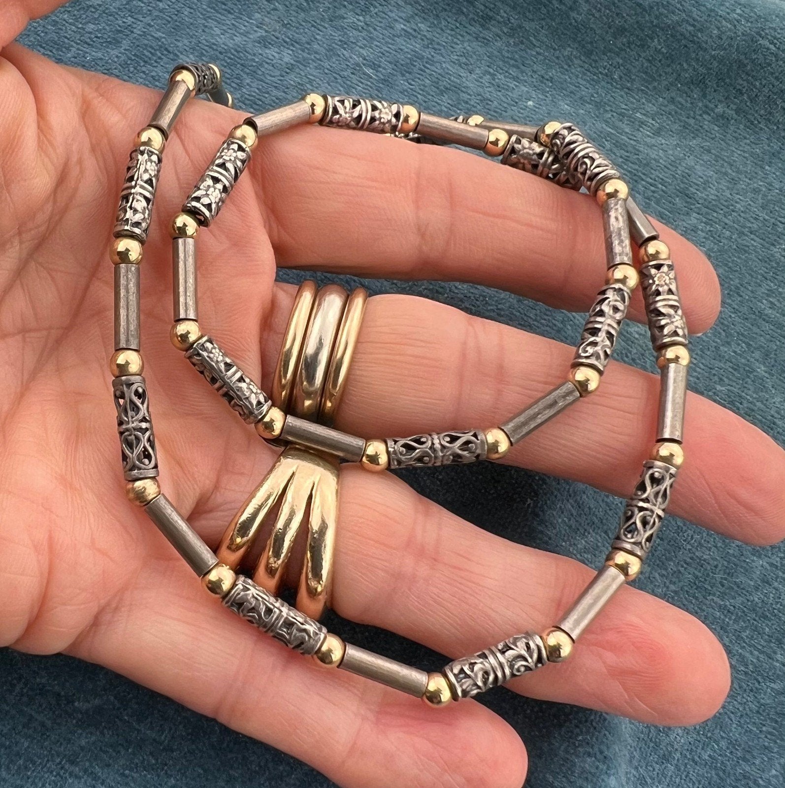 14k Gold + Silver Tribal Lantern Bead Chain Necklace. 29g