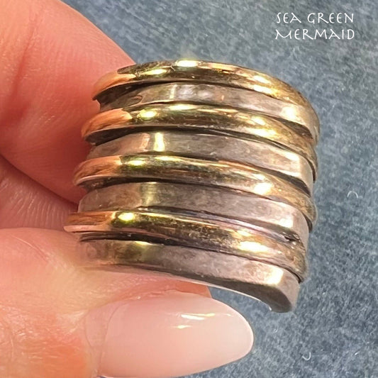14k Gold + Silver Wide Modern Cigar Stacked Band Ring. 2/3" + 11g