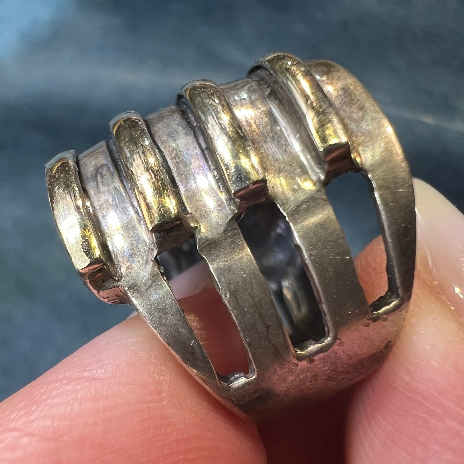 14k Gold + Silver Wide Modern Cigar Stacked Band Ring. 2/3" + 11g