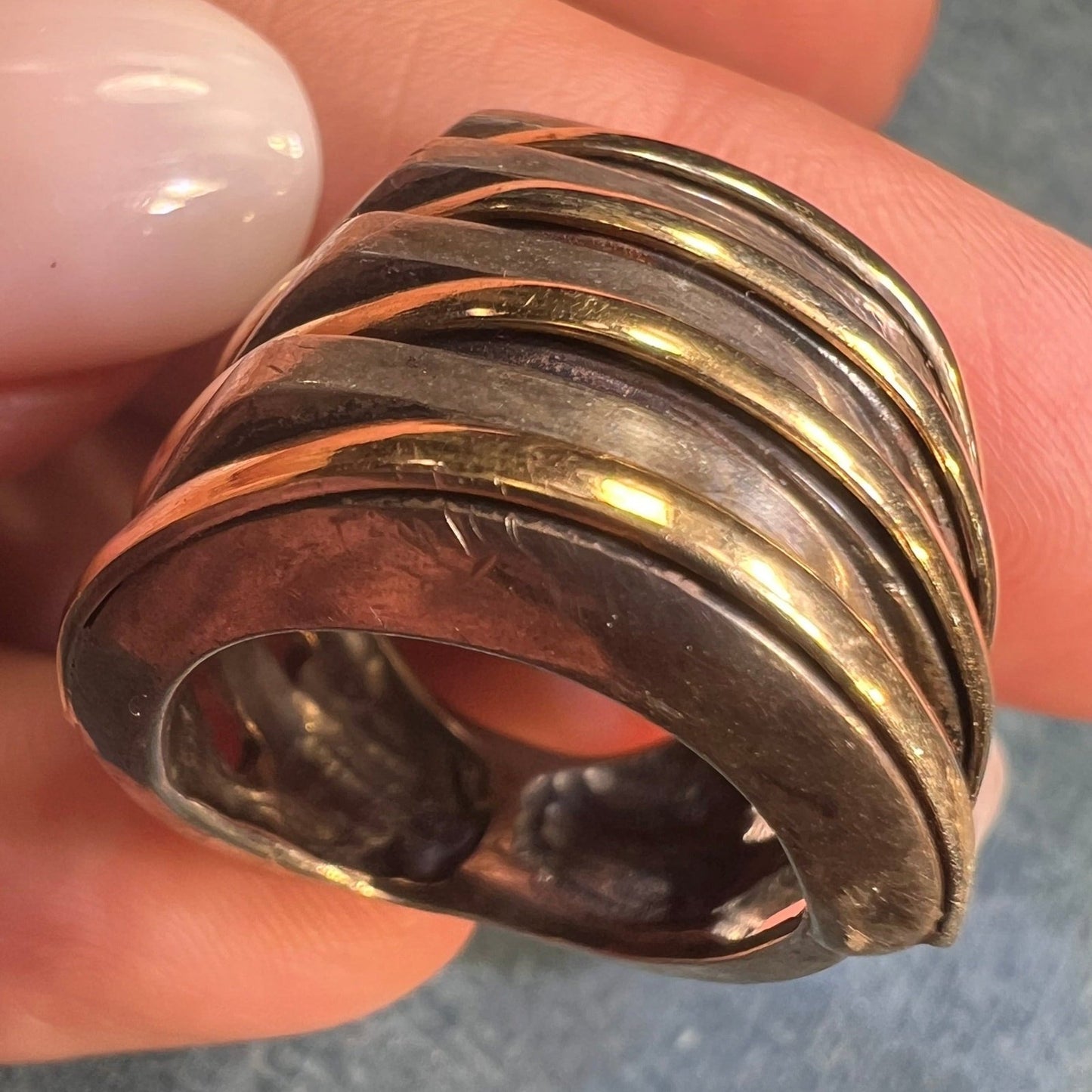 14k Gold + Silver Wide Modern Cigar Stacked Band Ring. 2/3" + 11g