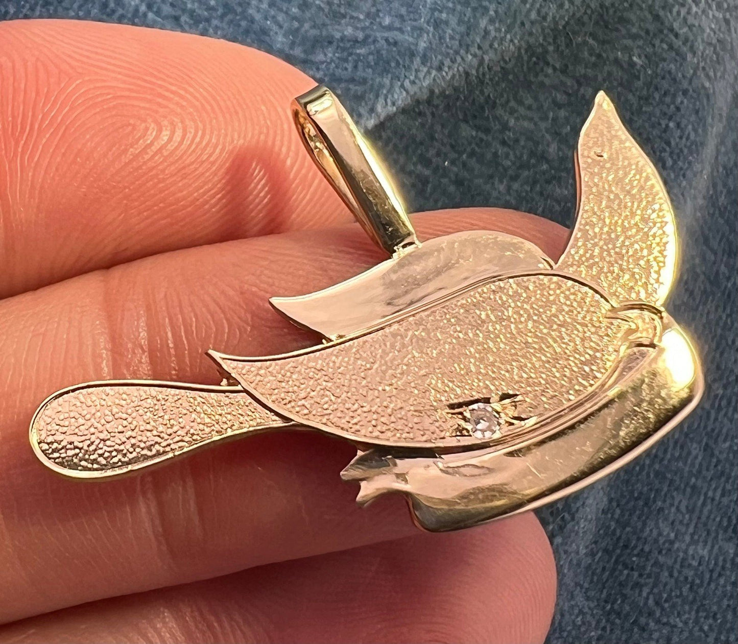 14k Gold Sparrow Bird Pendant w Gypsy-Set Diamond. Hope!