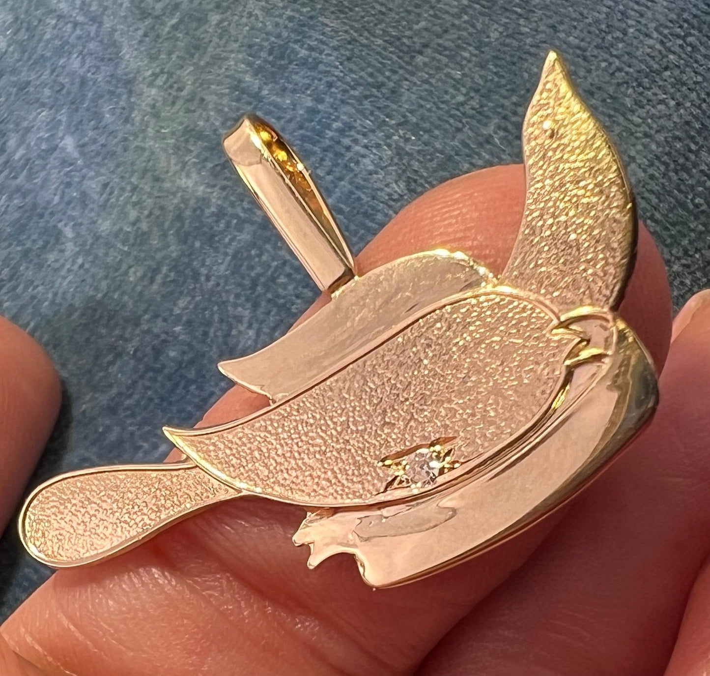 14k Gold Sparrow Bird Pendant w Gypsy-Set Diamond. Hope!