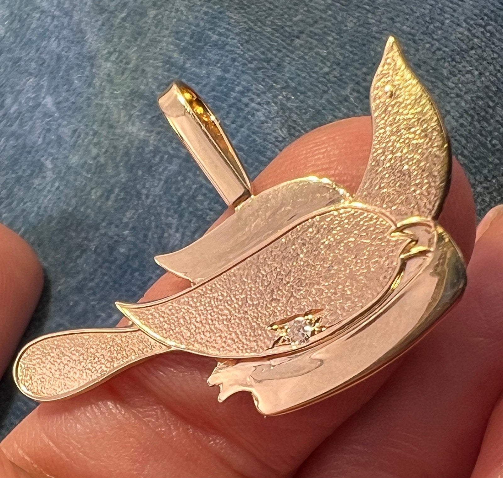 14k Gold Sparrow Bird Pendant w Gypsy-Set Diamond. Hope!