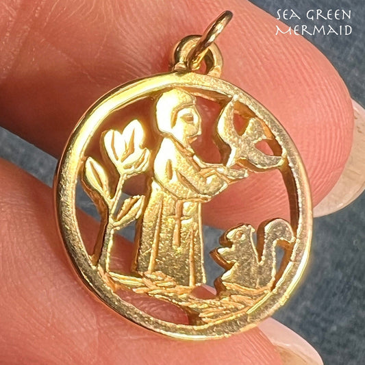 14k Gold St. Francis w Bird + Squirrel + Flowers. J Avery. 3/4"