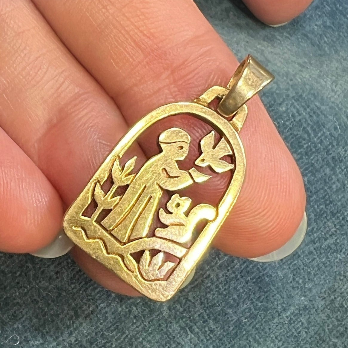 14k Gold St. Francis w Bird + Squirrel + Flowers. US Designer