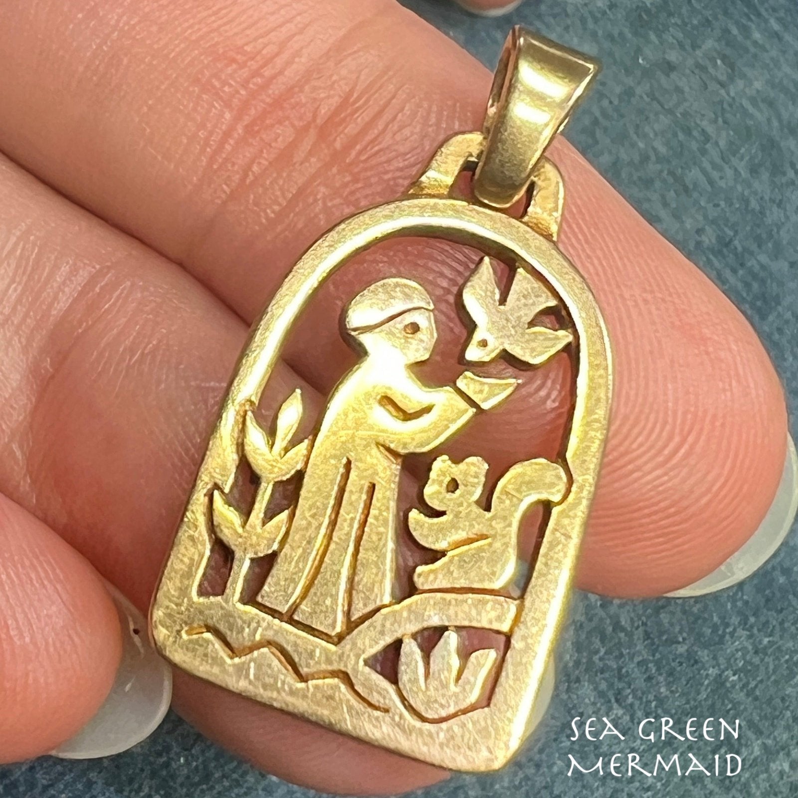 14k Gold St. Francis w Bird + Squirrel + Flowers. US Designer