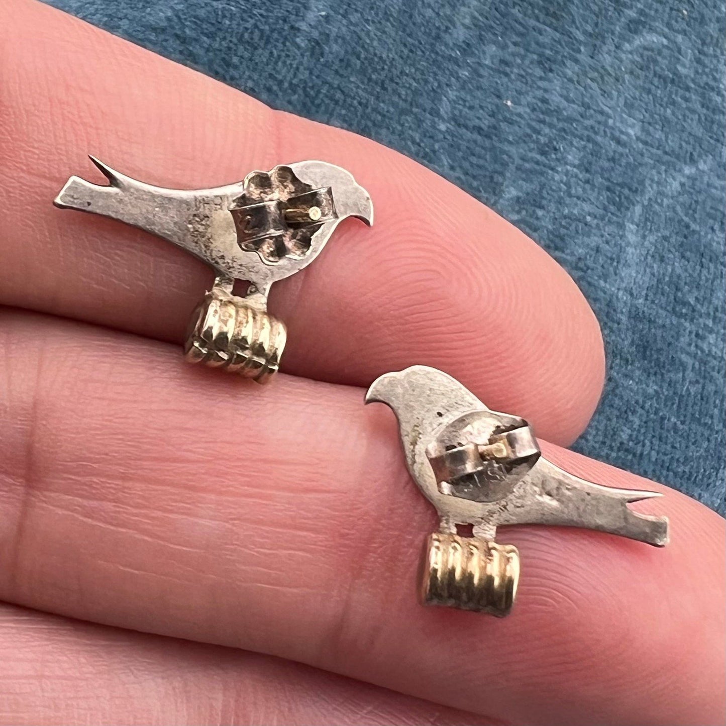 14k Gold & Sterling Artisan Bird Earrings