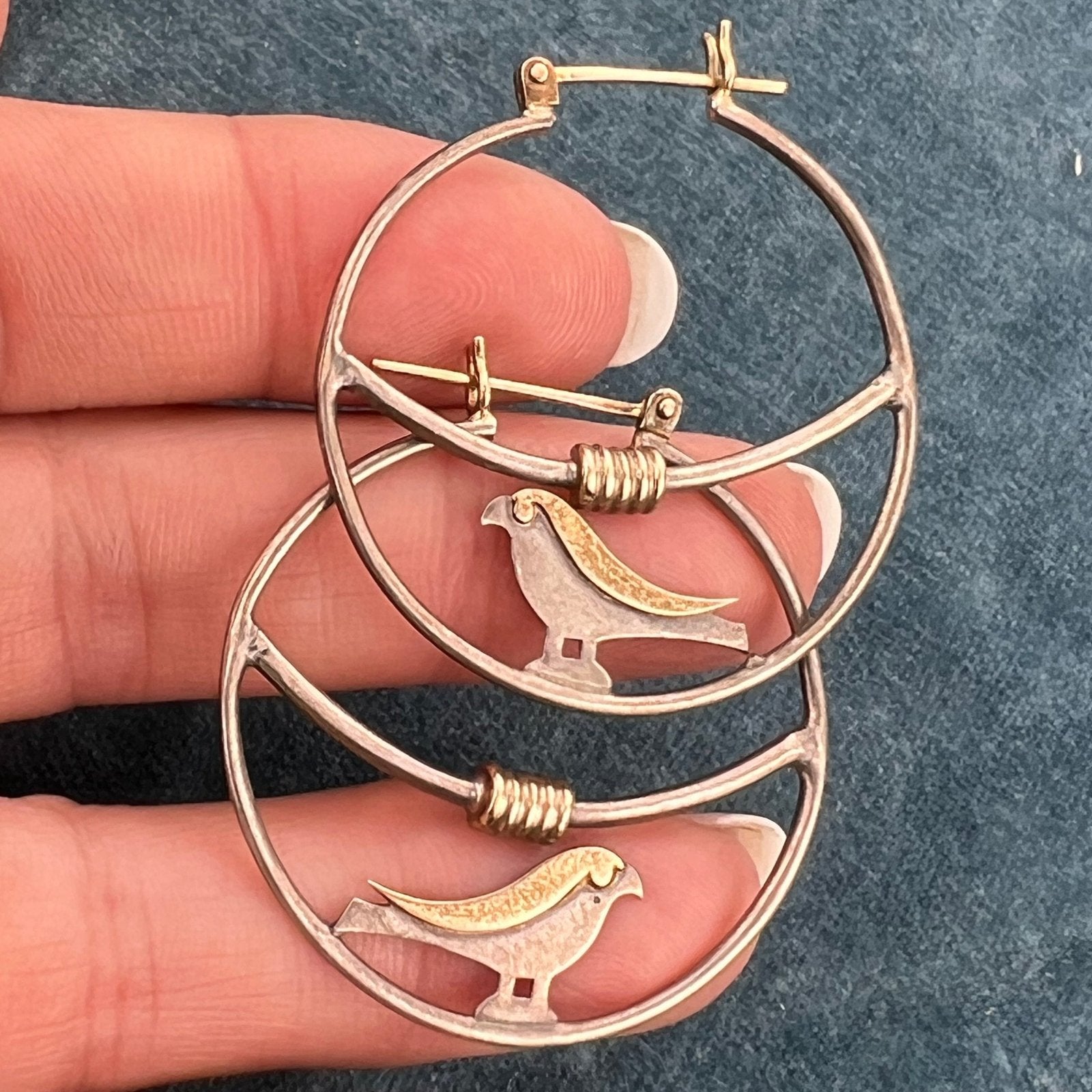 14k Gold & Sterling Artisan Hoop Earrings w Birds. Large 1.5" 7g