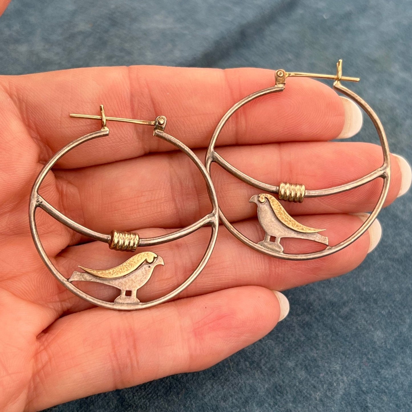 14k Gold & Sterling Artisan Hoop Earrings w Birds. Large 1.5" 7g