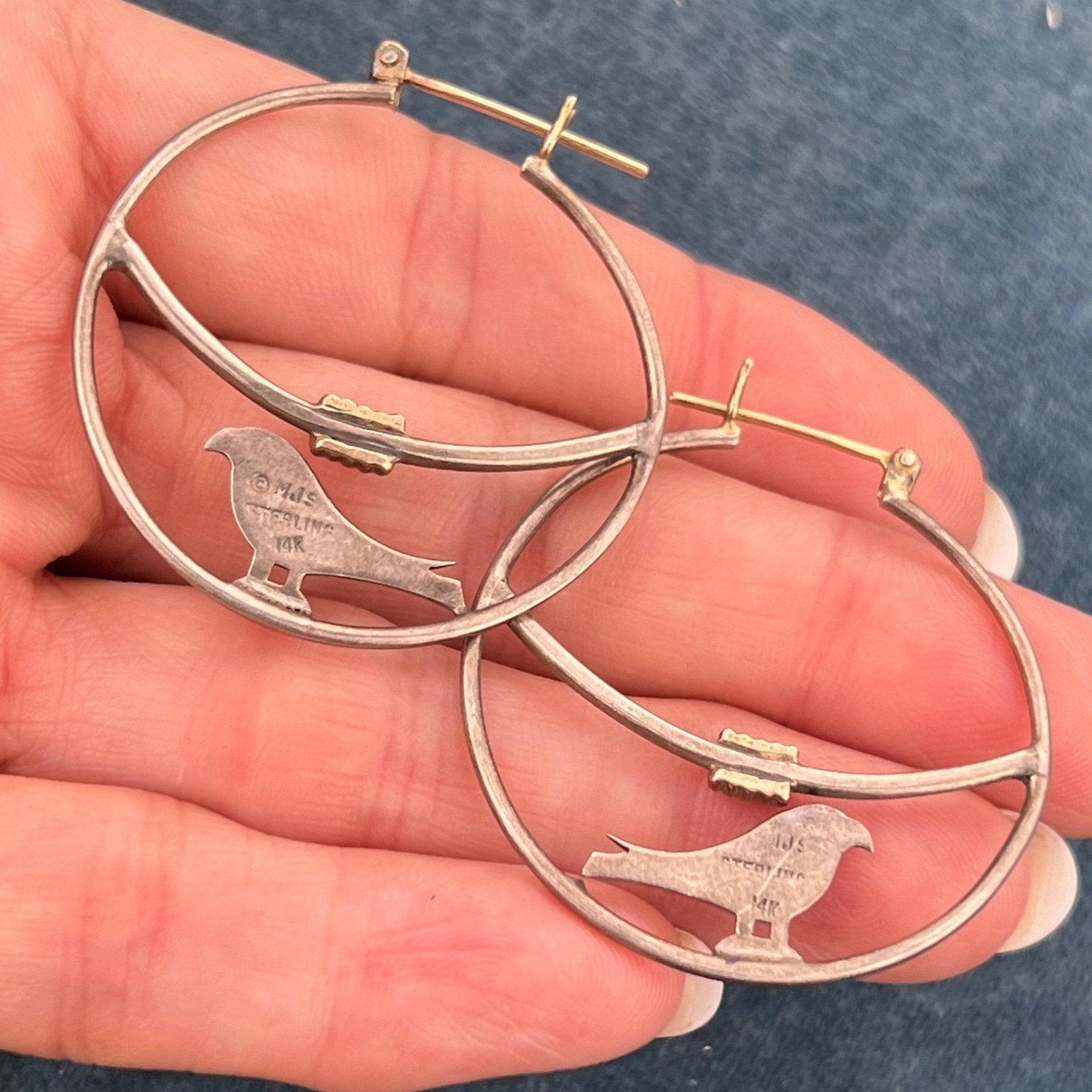 14k Gold & Sterling Artisan Hoop Earrings w Birds. Large 1.5" 7g